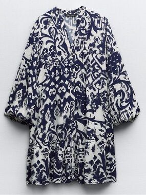 Zara Navy and White Patterned Mini Dress